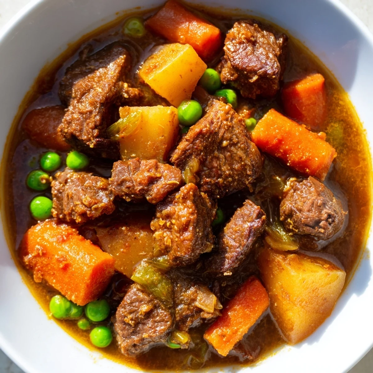 Close-up view of Slow Cooker Beef Stew showcasing seared beef, diced potatoes, and peas in a dark, aromatic broth, ready to be served with crusty bread.