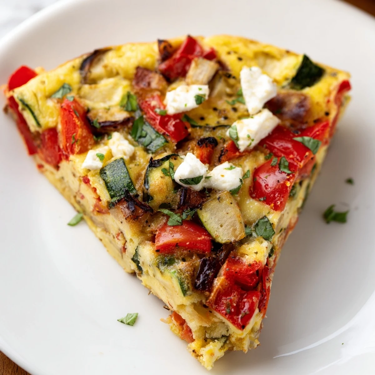 A close-up of Roasted Vegetable Frittata with Goat Cheese, featuring golden-brown eggs studded with caramelized red peppers, zucchini, and creamy cheese crumbles.