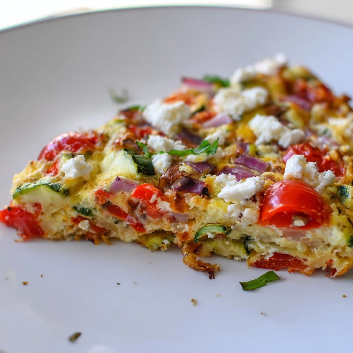 Overhead shot of a slice of Roasted Vegetable Frittata with Goat Cheese, garnished with fresh basil, served alongside a green salad on a rustic table.