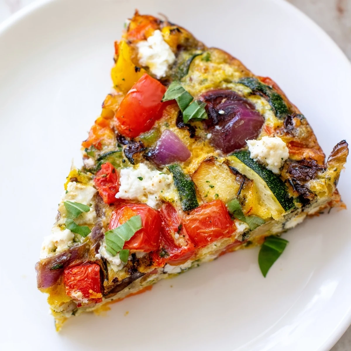 Warm Roasted Vegetable Frittata with Goat Cheese bubbling in a skillet, showcasing vibrant roasted cherry tomatoes and onions, perfect for a vegetarian brunch.