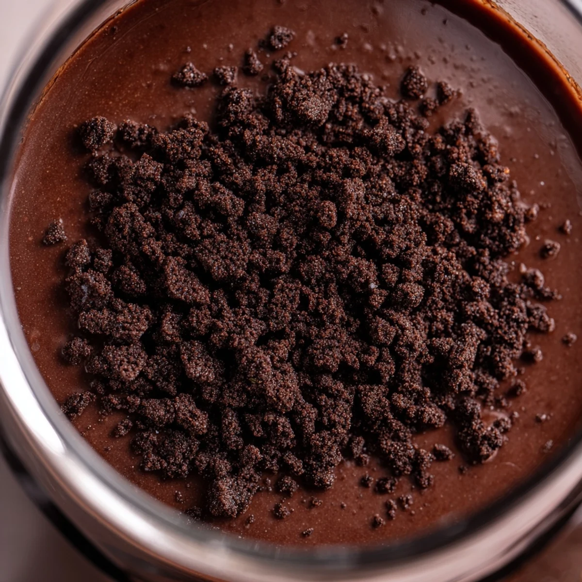 A layered Chocolate Pudding Parfait with cookie crumbs and whipped cream in a glass.