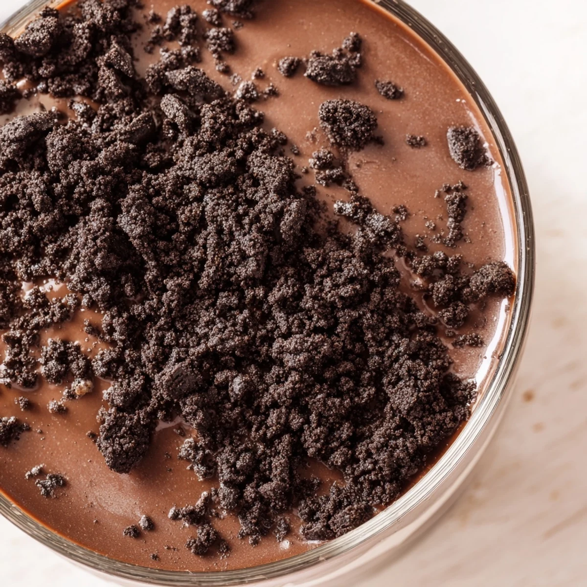 Chocolate Pudding Parfait with cookie crumbs in a clear glass, ready to enjoy.