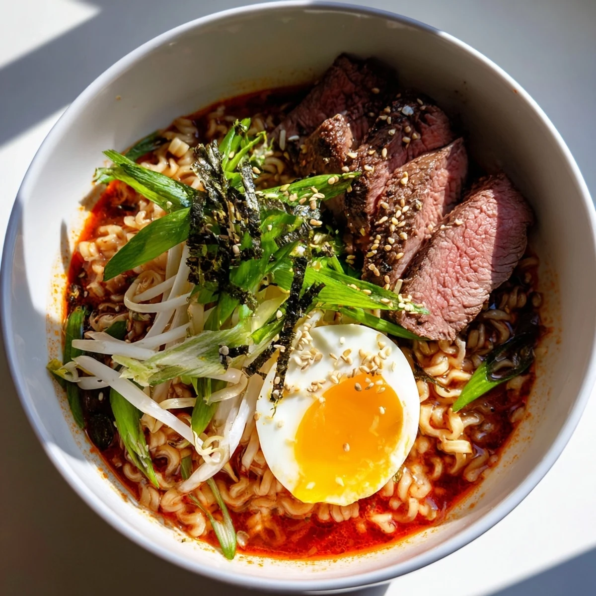 A steaming bowl of spicy beef ramen with soft-boiled egg, topped with scallions, bean sprouts, and nori.