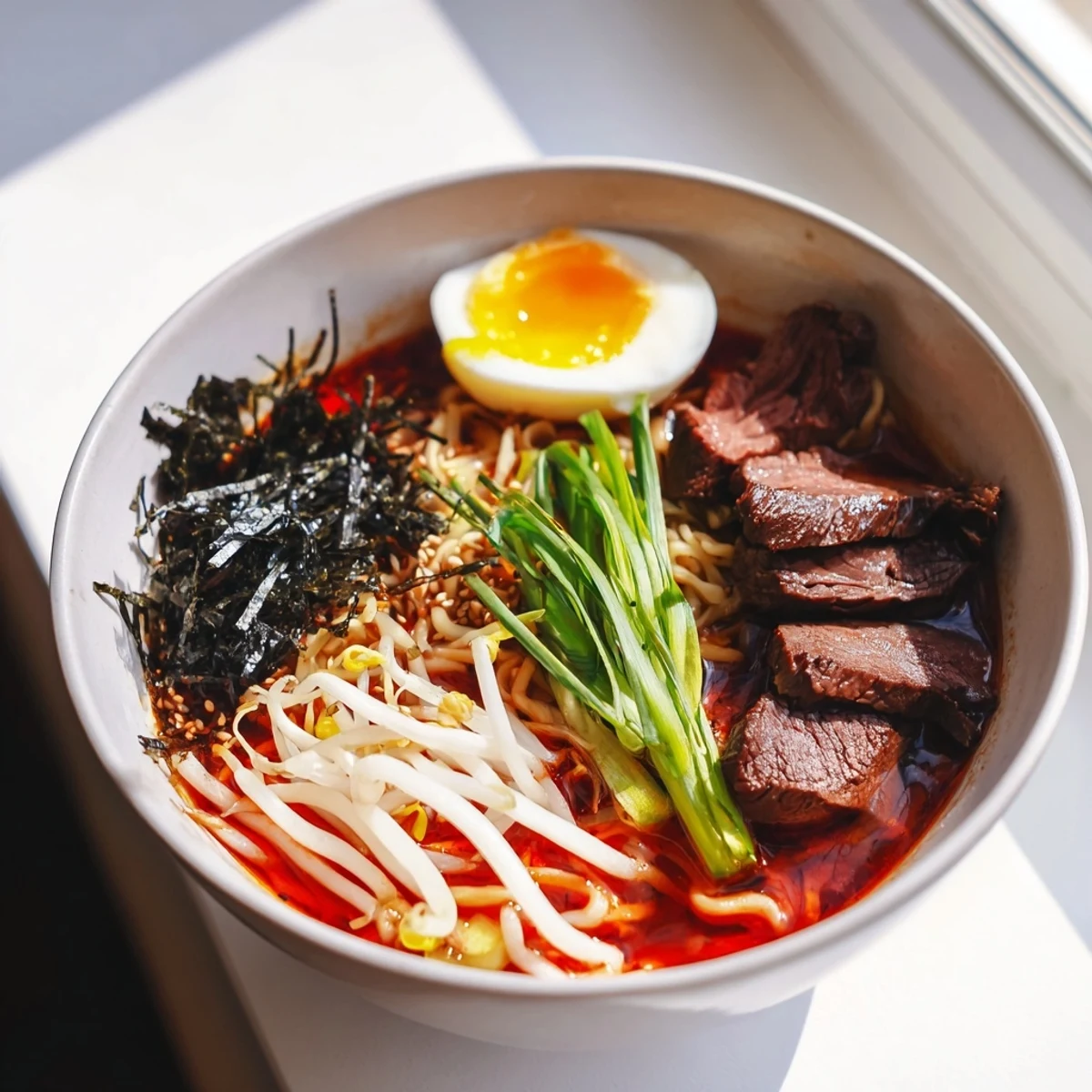 Close-up of spicy beef ramen showcasing a halved soft-boiled egg, sliced chili, and toasted sesame seeds.