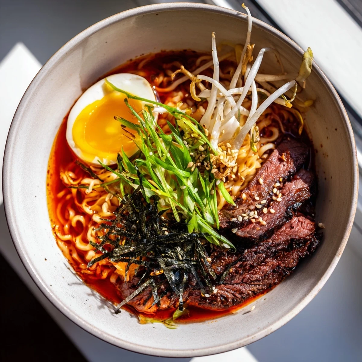 Spicy beef ramen with soft boiled egg features tender beef slices in a rich, aromatic broth and chewy noodles.