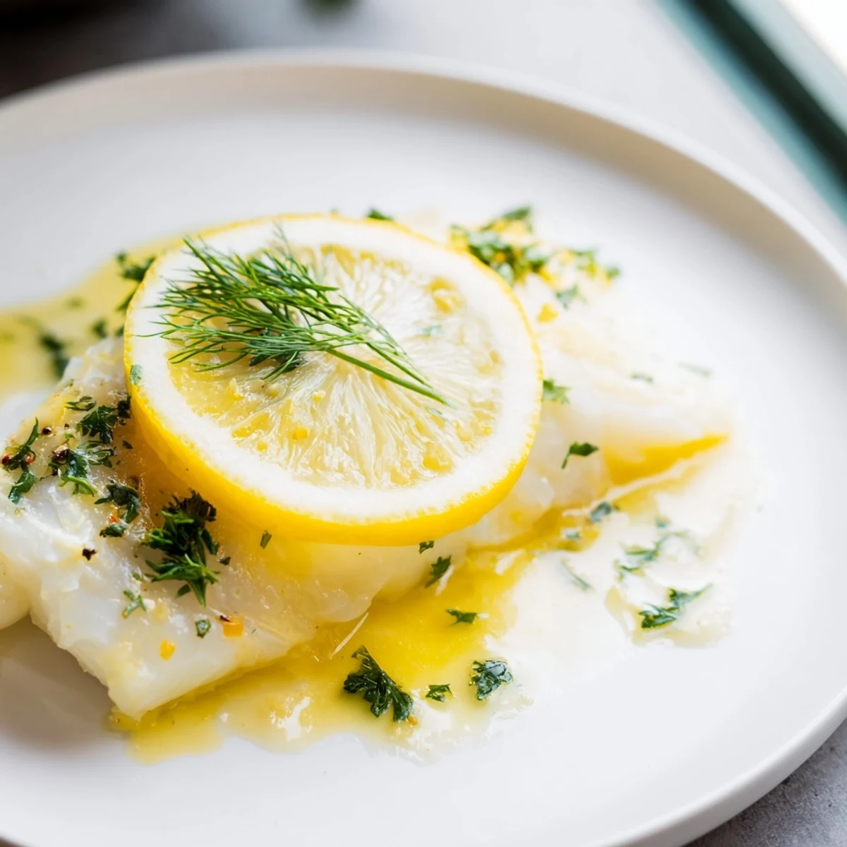 Golden-brown baked fish fillets glistening with lemon butter sauce, garnished with fresh parsley and lemon slices on a white plate.  