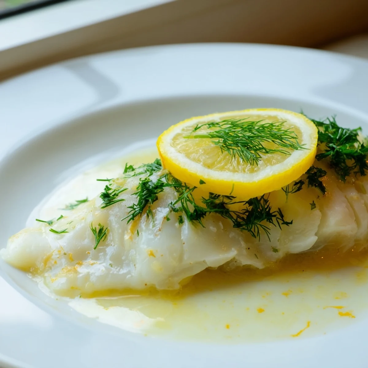 A close-up view of tender white fish topped with melted butter, minced garlic, and vibrant lemon zest.  