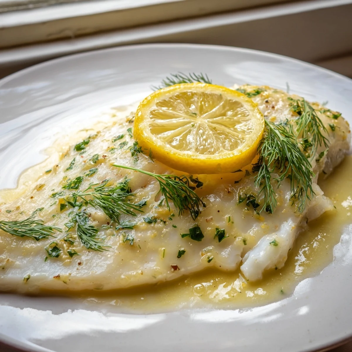 Flaky baked cod fillet with a zesty lemon butter glaze, served alongside steamed green beans and roasted potatoes.