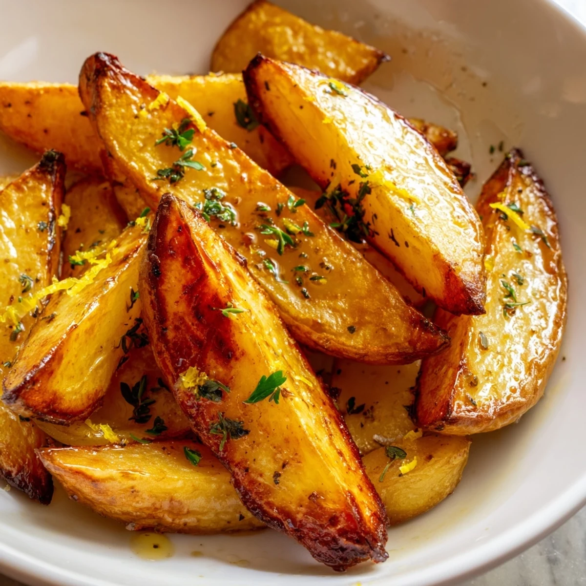 Close-up of crispy Lemon Potato Wedges with Herbs, featuring golden edges and a vibrant sprinkle of fresh parsley.