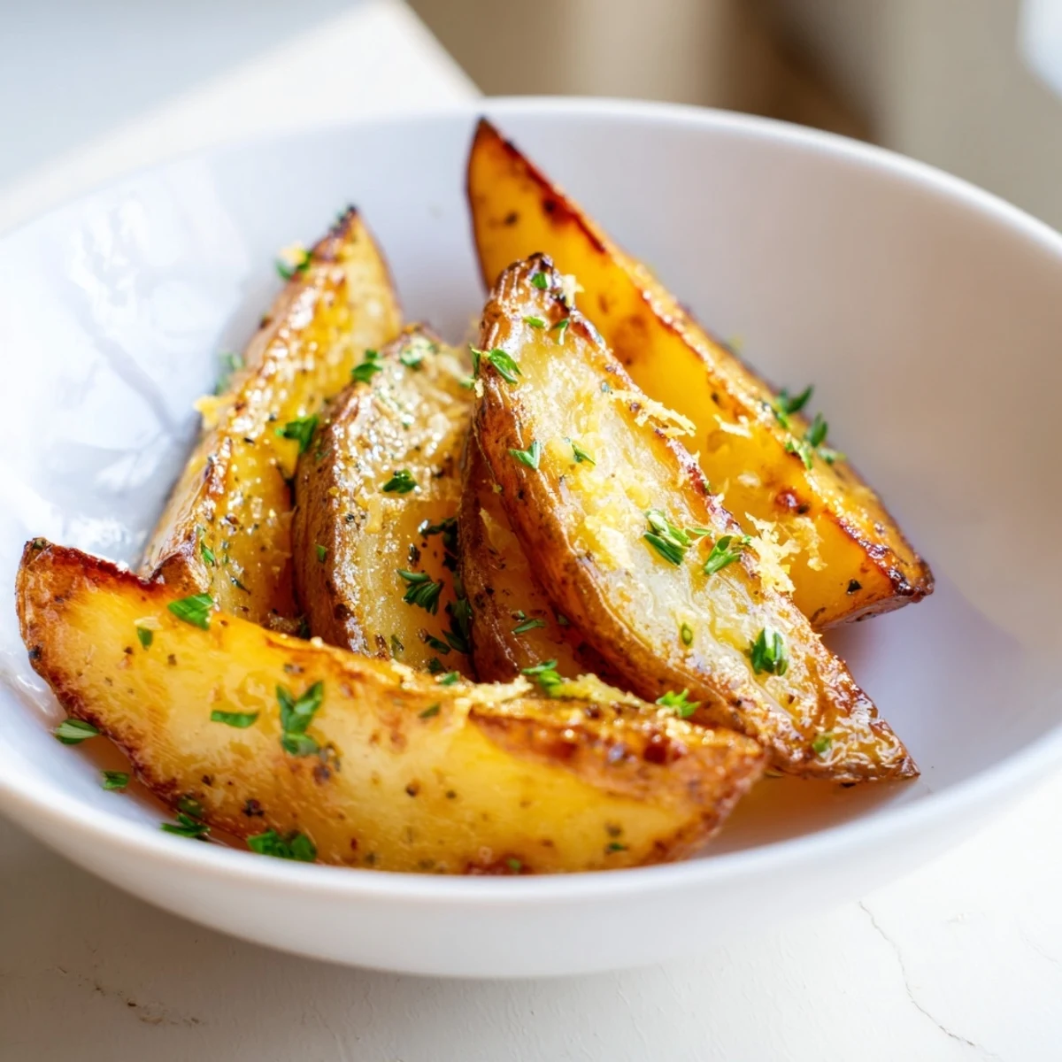 Golden-brown Lemon Potato Wedges with Herbs sizzling on a baking sheet, garnished with fresh parsley and lemon wedges.