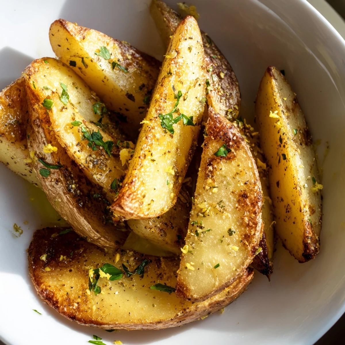 Freshly baked Lemon Potato Wedges with Herbs served on a white plate, ready to be enjoyed as a side.