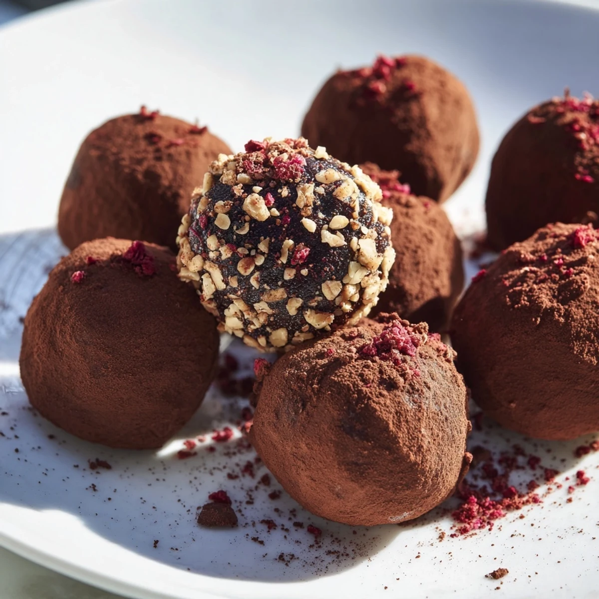 Velvety homemade Romantic Chocolate Truffles rolled in cocoa powder, displayed on a rustic plate with a glass of sparkling wine.  