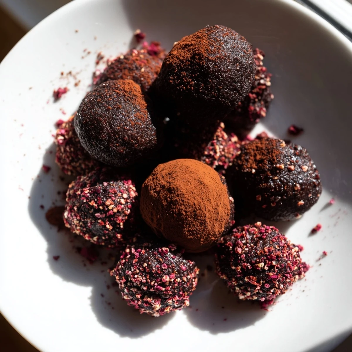 These smooth Romantic Chocolate Truffles feature a glossy dark ganache center and are dusted with freeze-dried raspberry powder.  