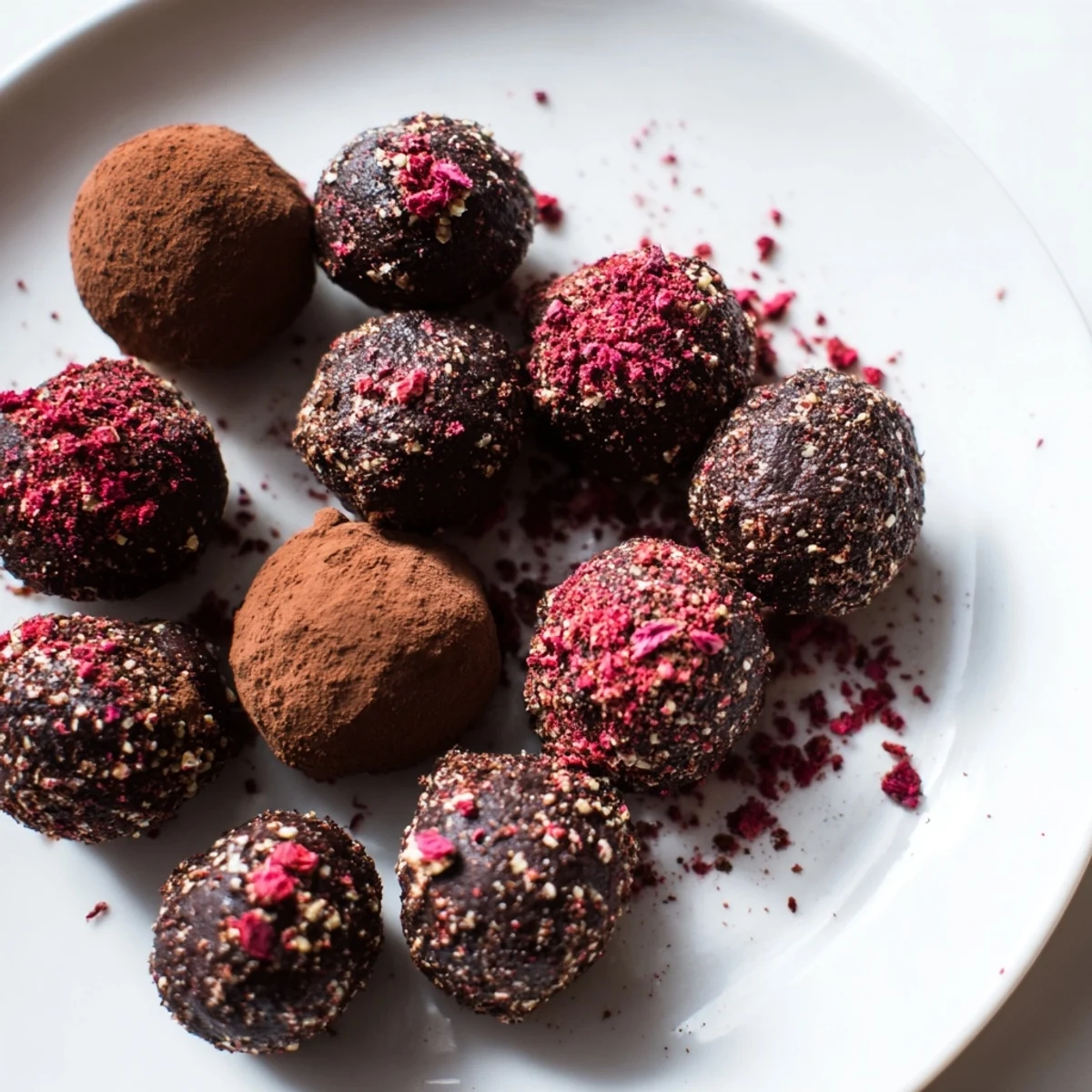 Decadent Romantic Chocolate Truffles dipped in melted chocolate, resting on parchment beside crushed roasted hazelnuts and espresso.
