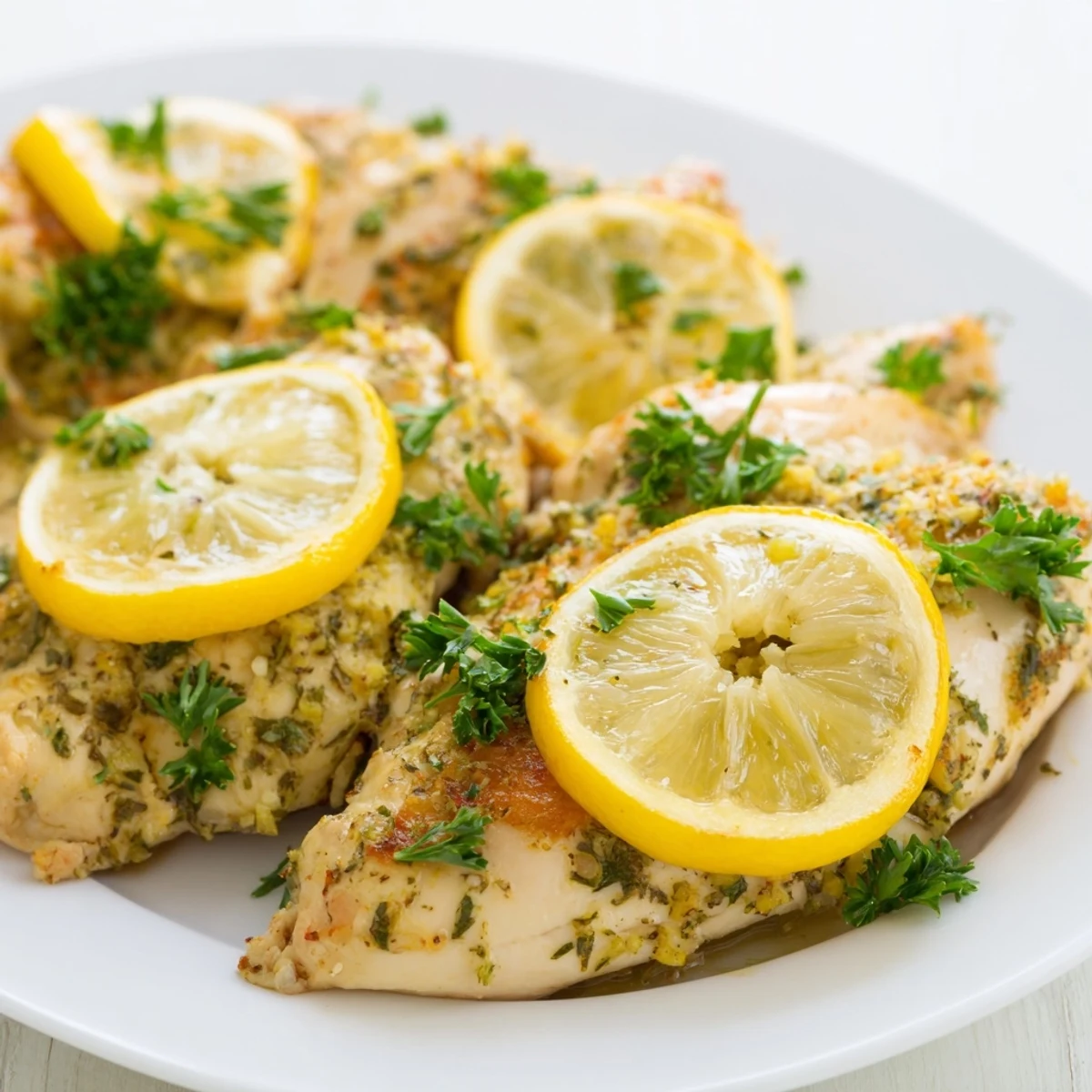 Golden-baked Lemon Supper Chicken with fresh parsley garnish in a white baking dish.