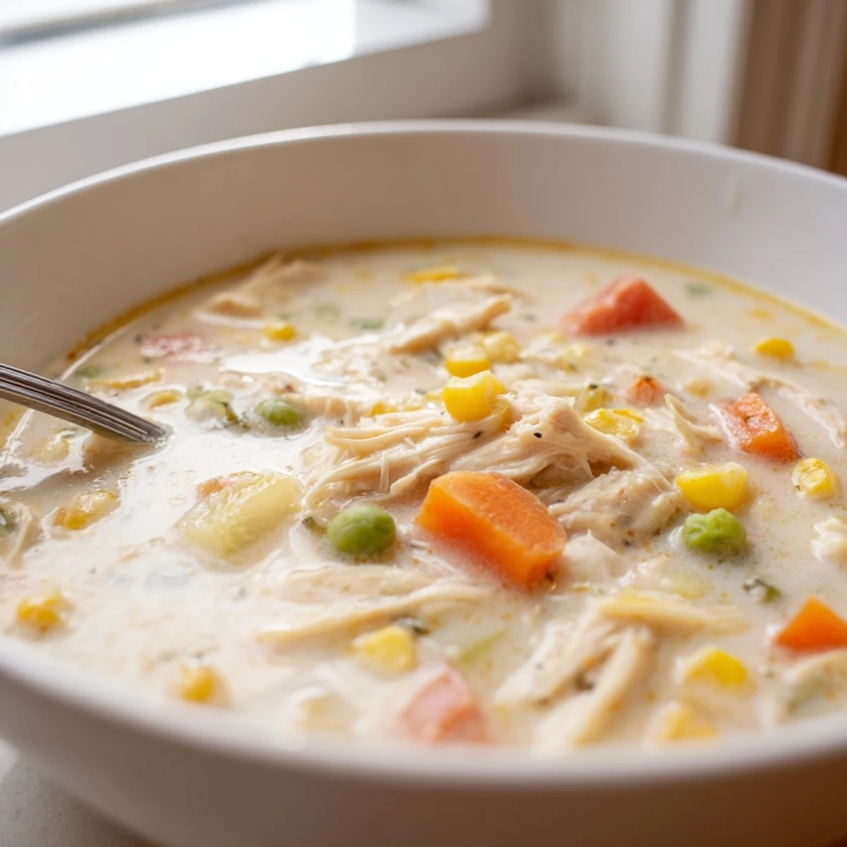 A comforting bowl of creamy supper soup pot garnished with fresh thyme, showcasing tender chicken and vibrant vegetables in a velvety broth.