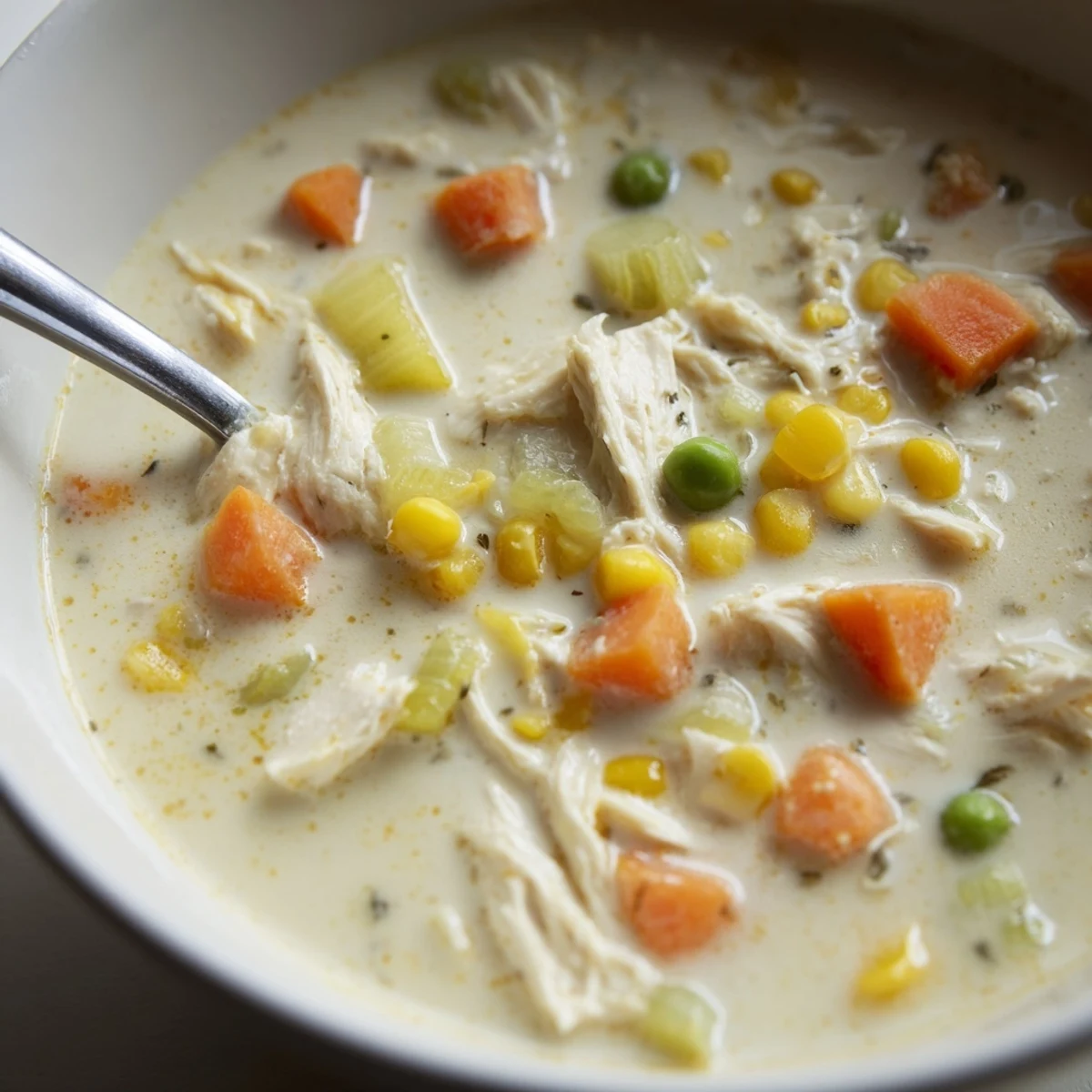 Creamy supper soup pot simmering in a large pot with diced carrots, peas, and corn, ideal for a cozy American family dinner.