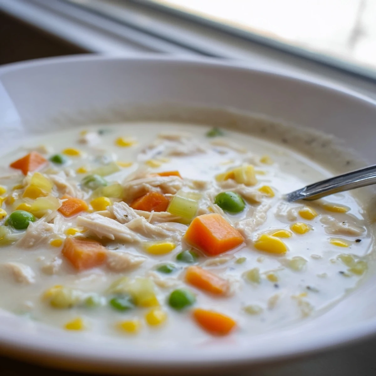 Close-up of creamy supper soup pot served in a rustic mug with a side of crusty bread, highlighting the rich, thick texture.