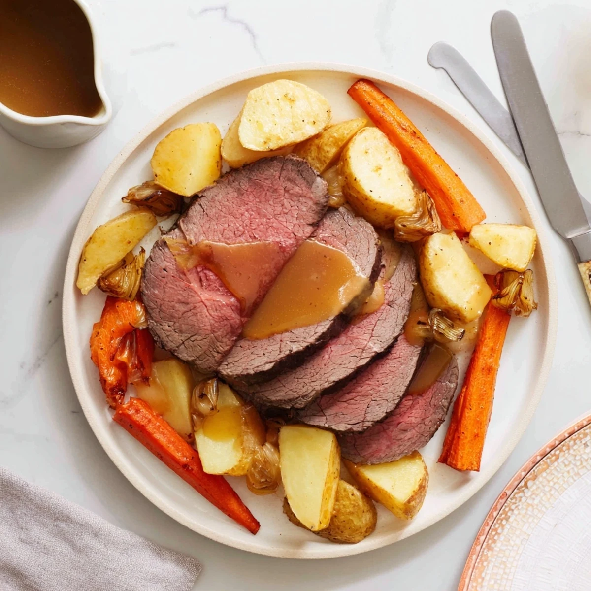 Juicy sliced Beef Supper Roast Dinner with golden roasted potatoes, carrots, and parsnips on a rustic platter, drizzled with savory gravy.