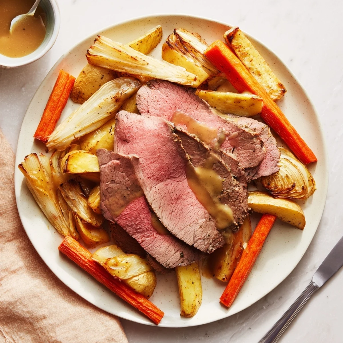 A plated Beef Supper Roast Dinner featuring tender medium-rare beef slices, crispy potatoes, and glazed carrots, served alongside Yorkshire pudding for a cozy meal.
