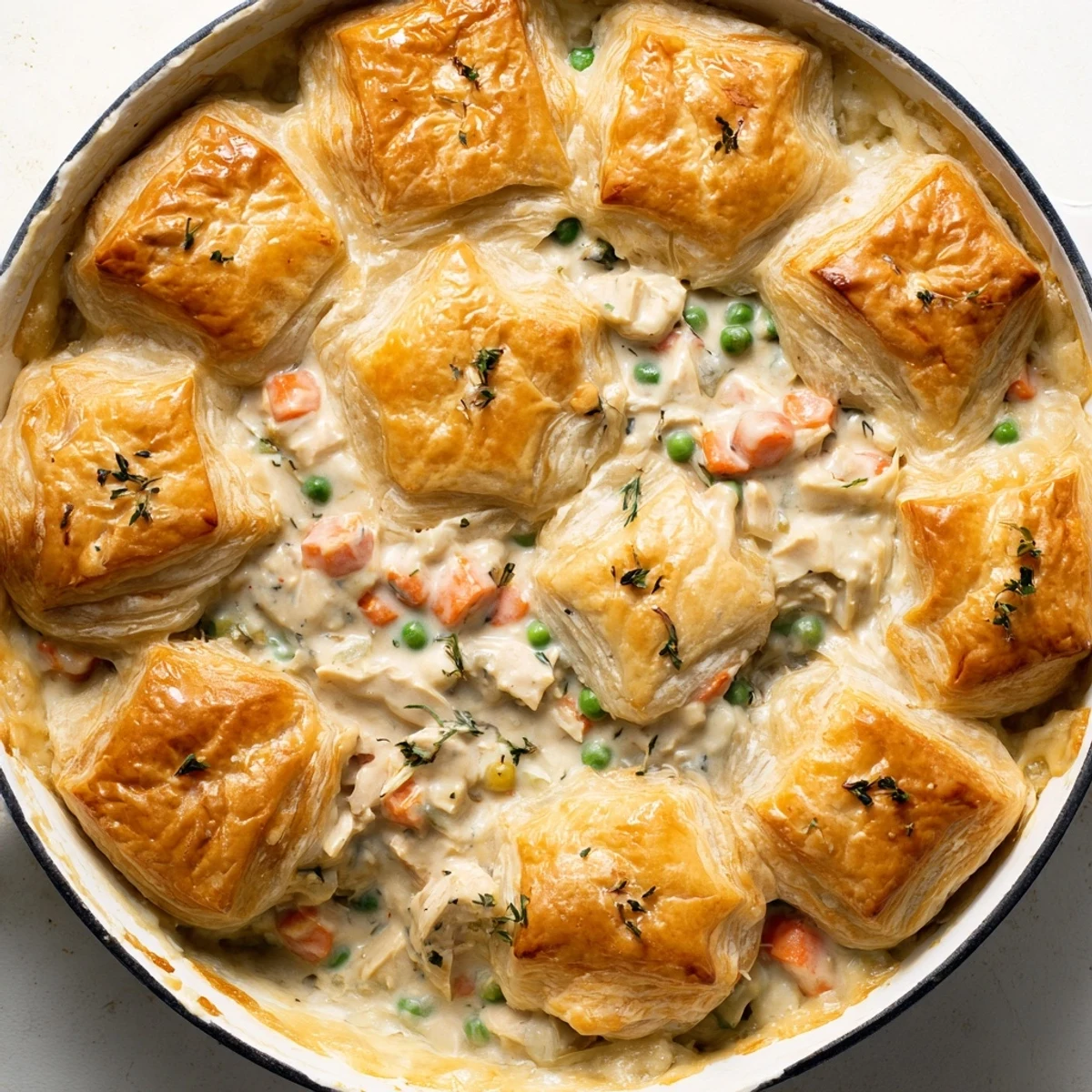 A slice of hearty Chicken Supper Pie Pot rests beside a fresh green salad, its golden crust and visible vegetables inviting a warm family dinner.  