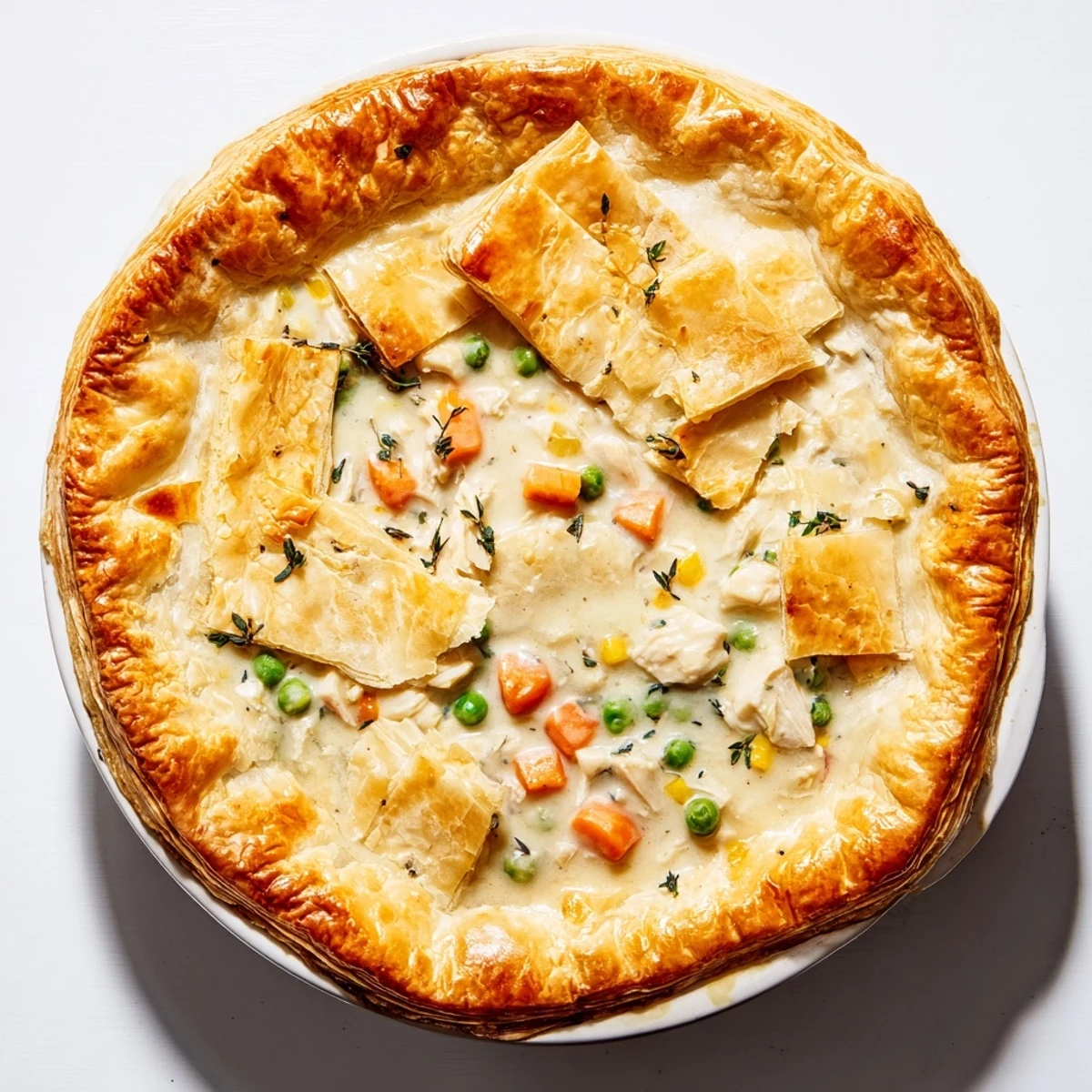 Golden, flaky puff pastry tops this comforting Chicken Supper Pie Pot, revealing a bubbling, creamy chicken filling with tender carrots and peas.  