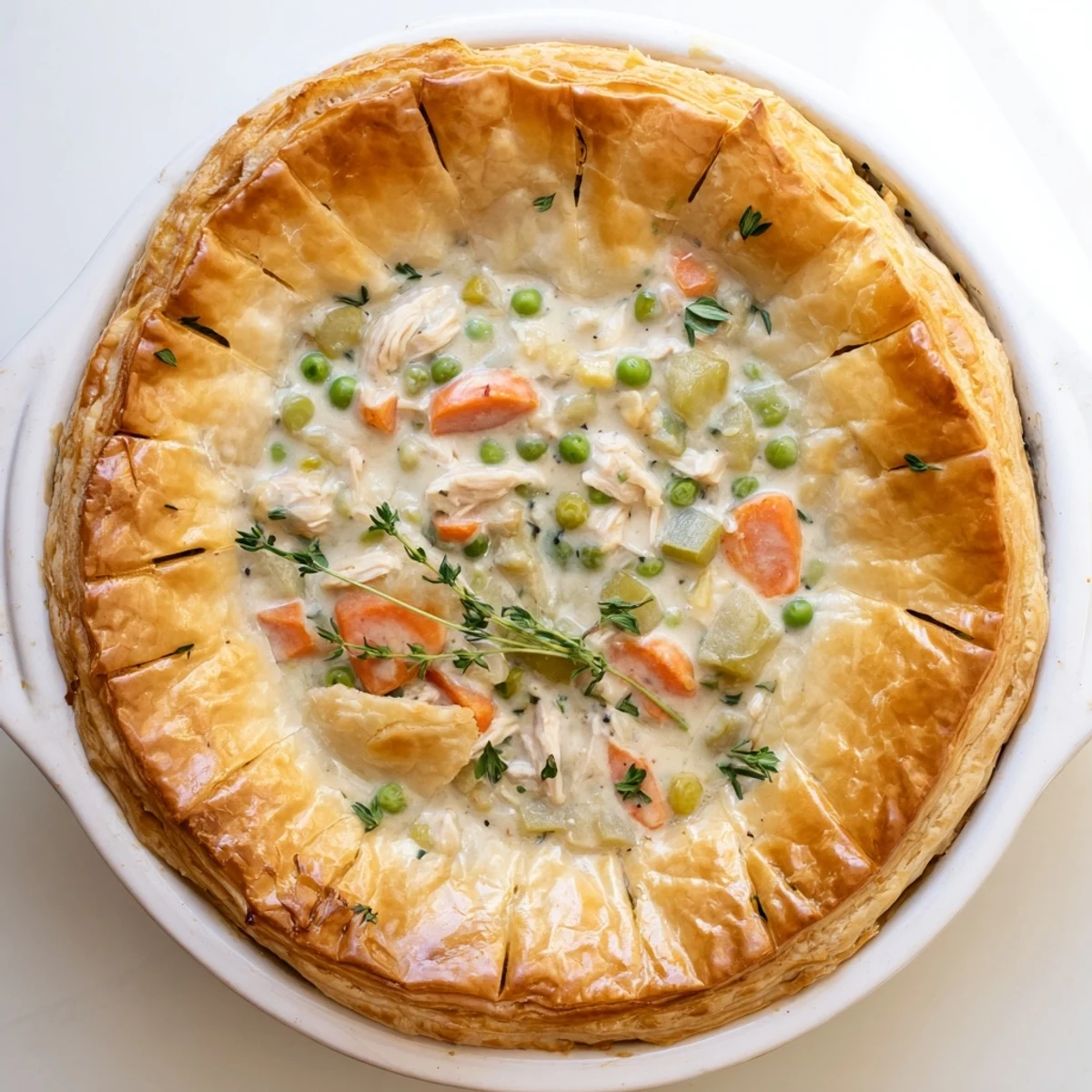 Homemade Chicken Supper Pie Pot with buttery, steamy pastry and a rich, creamy filling with tender chicken, onions, and herbs in a ceramic dish.