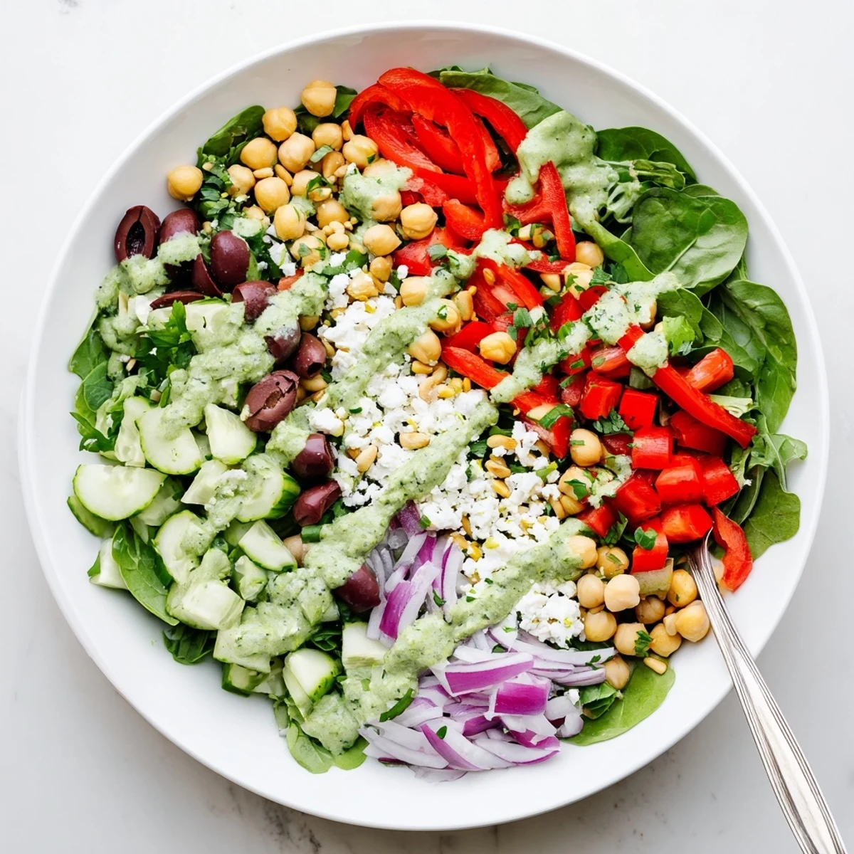 A vibrant Mediterranean Supper Salad Bowl with mixed greens, chickpeas, feta, and a zesty lemon-herb dressing.