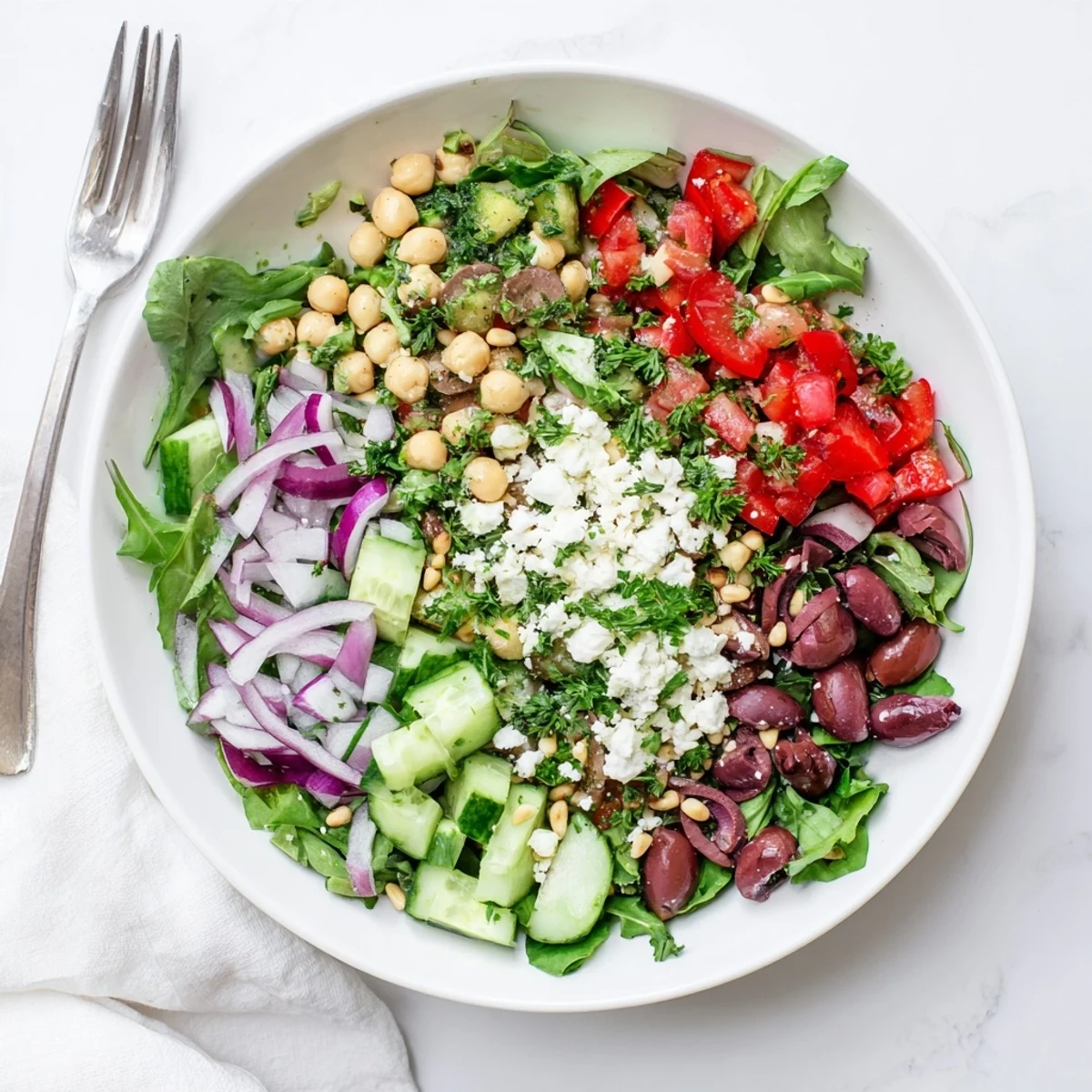 Serve the Mediterranean Supper Salad Bowl as a hearty vegetarian main dish, perfect for a wholesome dinner.