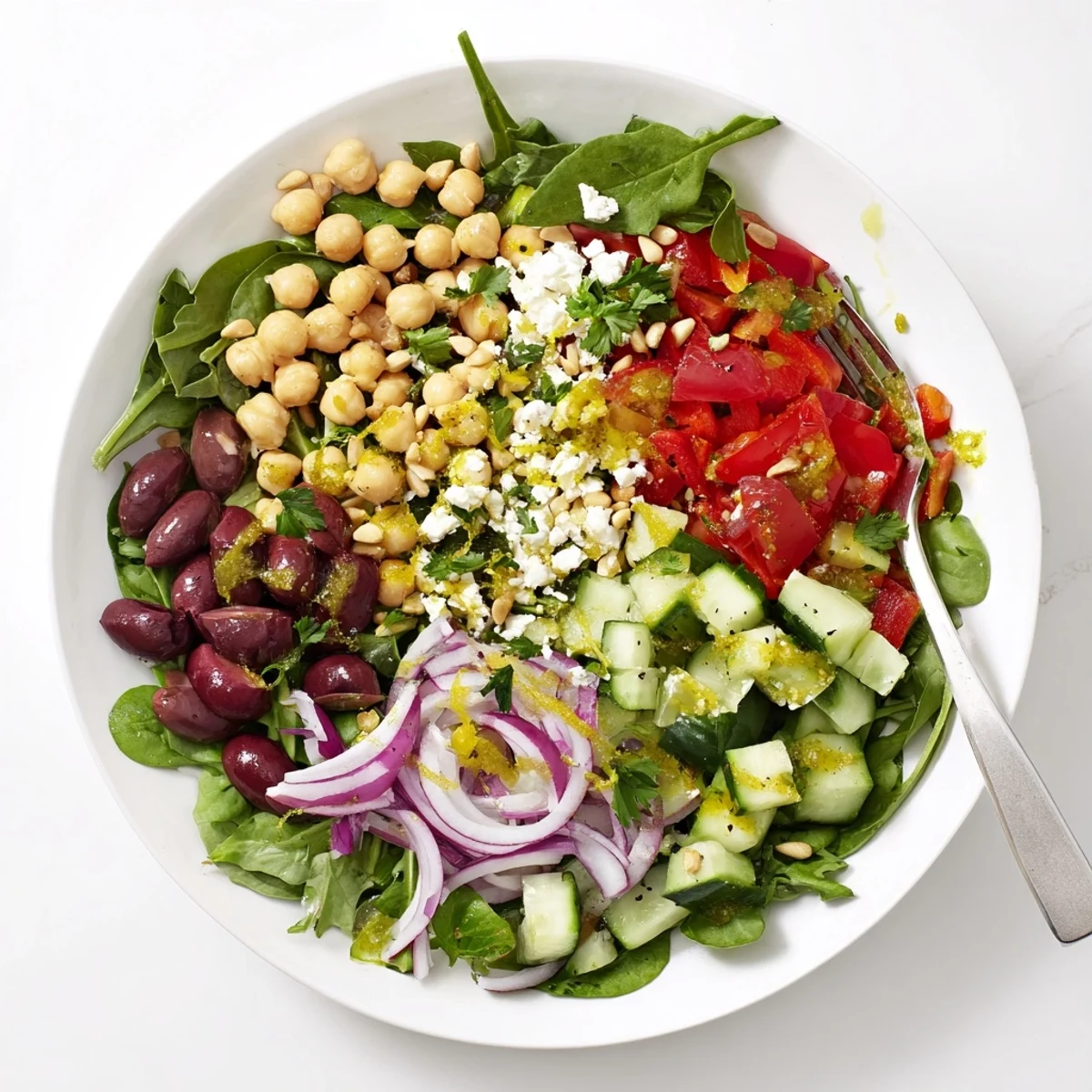 This Mediterranean Supper Salad Bowl features crisp vegetables, tangy olives, and toasted pine nuts for texture.