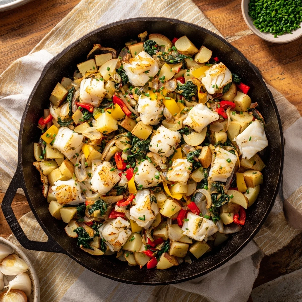 A close-up of Baked Fish Breakfast Hash in a skillet, featuring flaky white fish, golden diced potatoes, and sautéed red bell pepper with wilted spinach.  