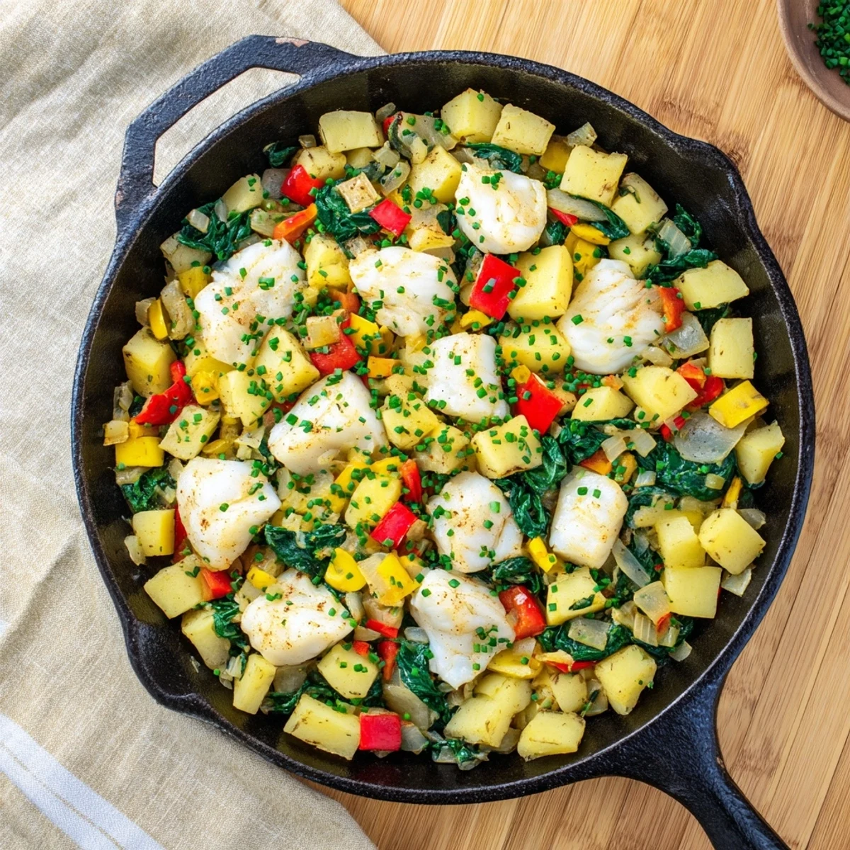 A vibrant serving of Baked Fish Breakfast Hash topped with a runny-yolk fried egg and fresh chives, plated beside hot sauce and lemon wedges.  