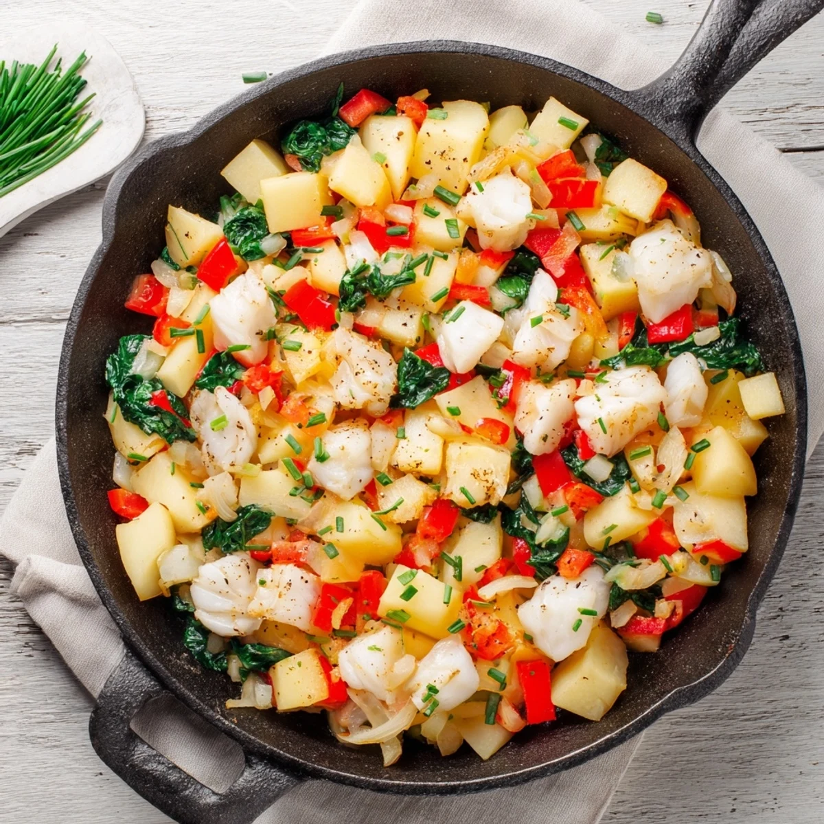 A wholesome Baked Fish Breakfast Hash with tender cod, caramelized onions, and crisp potatoes, ready to serve for a pescatarian gluten-free breakfast.