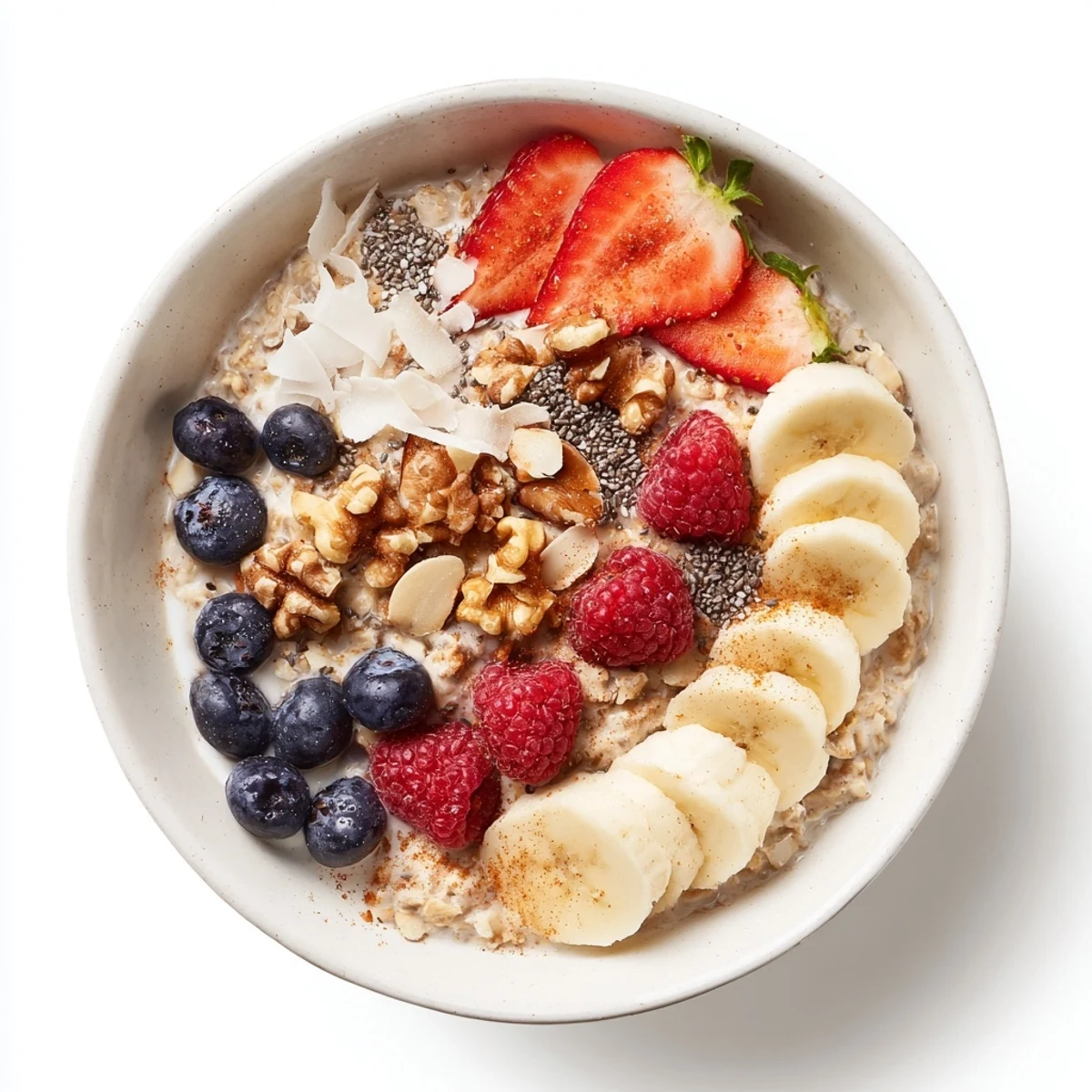 Creamy Breakfast Oats Bowl topped with fresh blueberries, sliced bananas, and crunchy walnuts in a cozy bowl.