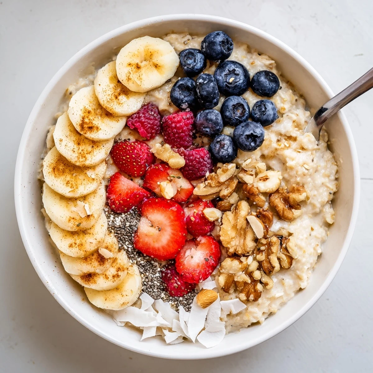 Warm Creamy Breakfast Oats Bowl steaming gently, finished with maple syrup drizzle and a sprinkle of cinnamon.