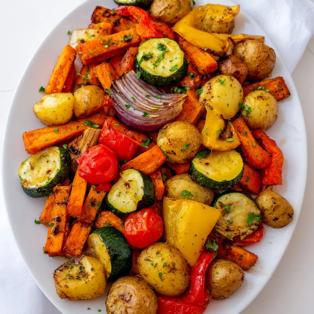 A vibrant tray of Roasted Supper Veggies, featuring caramelized carrots, peppers, and potatoes served hot.  
