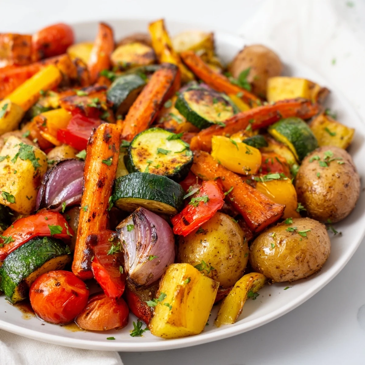 Hearty Roasted Supper Veggies tray-bake, tossed in olive oil and herbs for a flavorful vegan main.