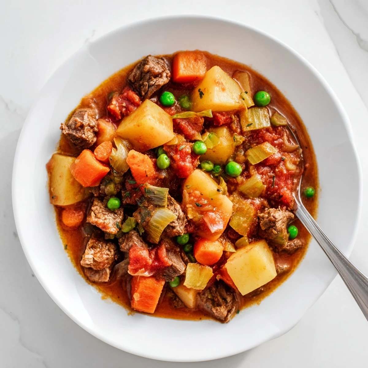 Hearty Slow Cooker Supper Stew Pot with peas and savory herbs, ready to enjoy with crusty bread.