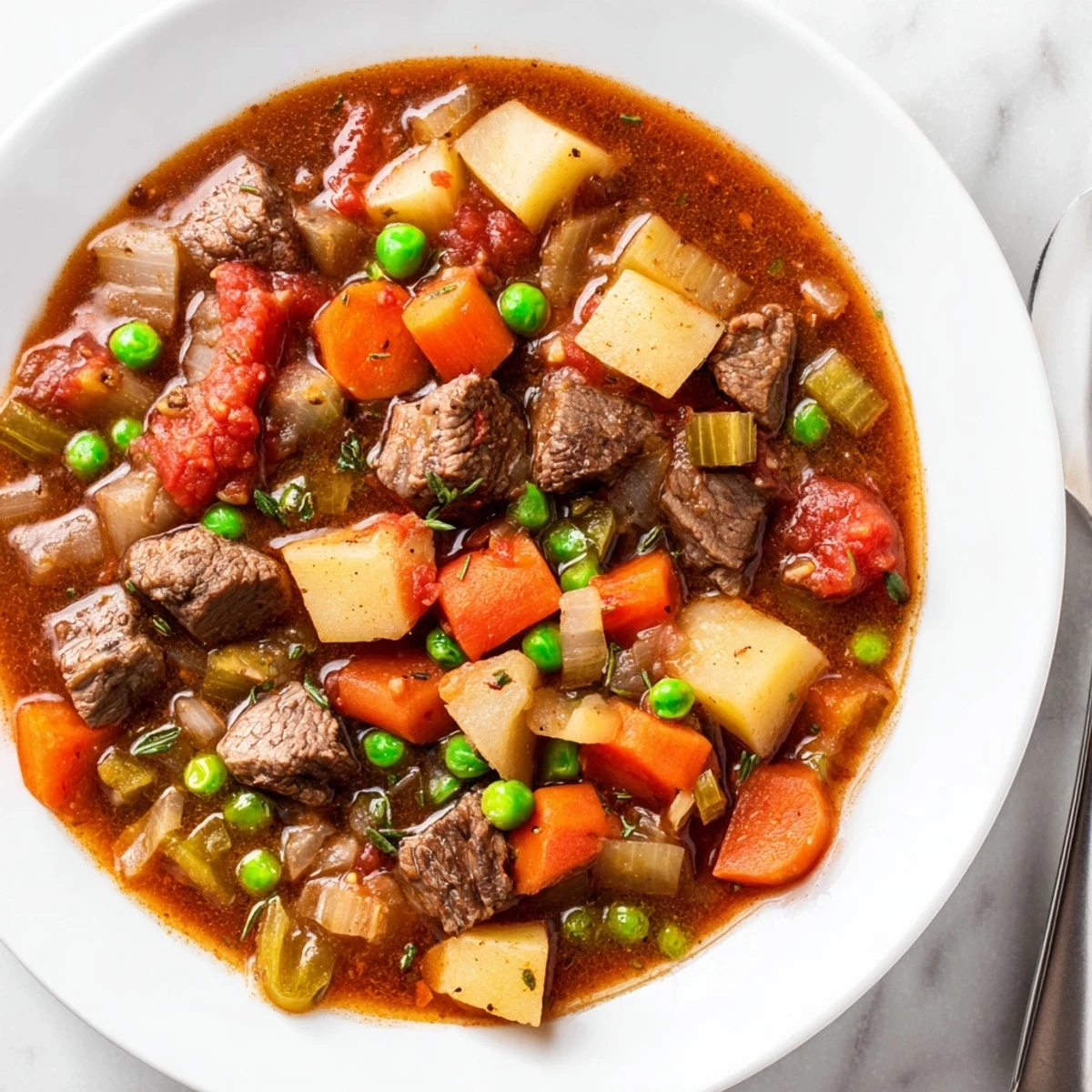 Golden-brown beef and vegetables in the Slow Cooker Supper Stew Pot, garnished with fresh thyme.