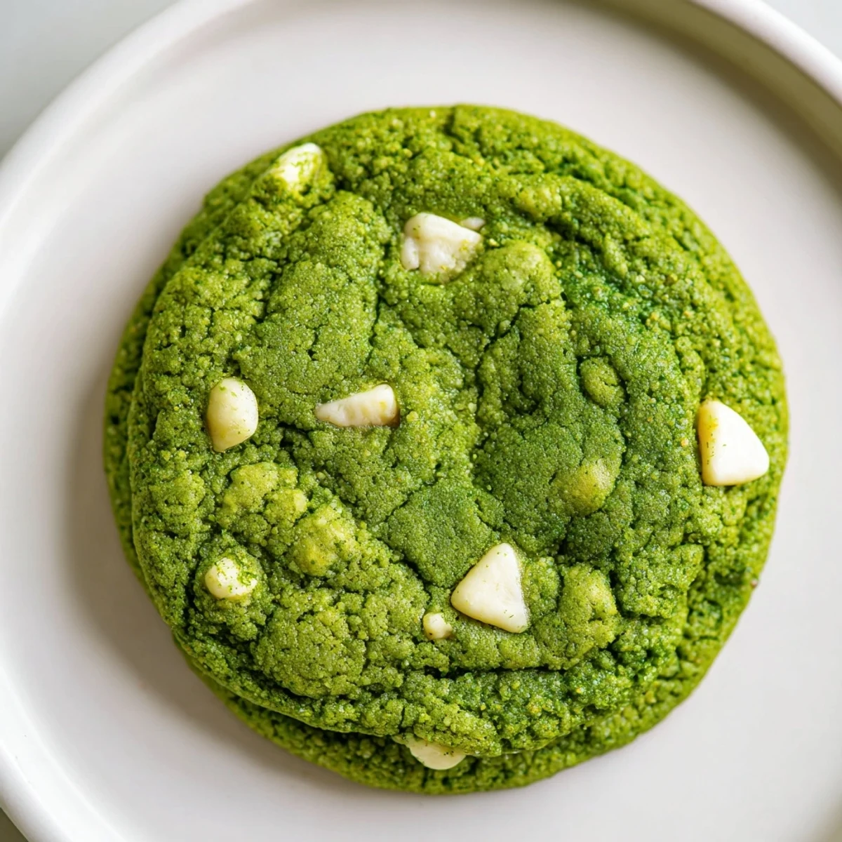 Golden-edged Green Matcha Cookies with White Chocolate stacked on a white plate, perfect with a steaming cup of green tea.