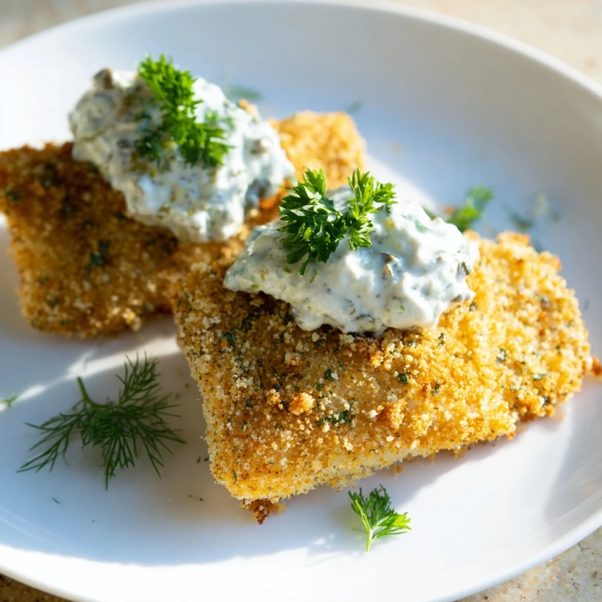 A close-up of crispy Cajun Fish Fry with spicy breading, served hot with a side of homemade tartar sauce for dipping.