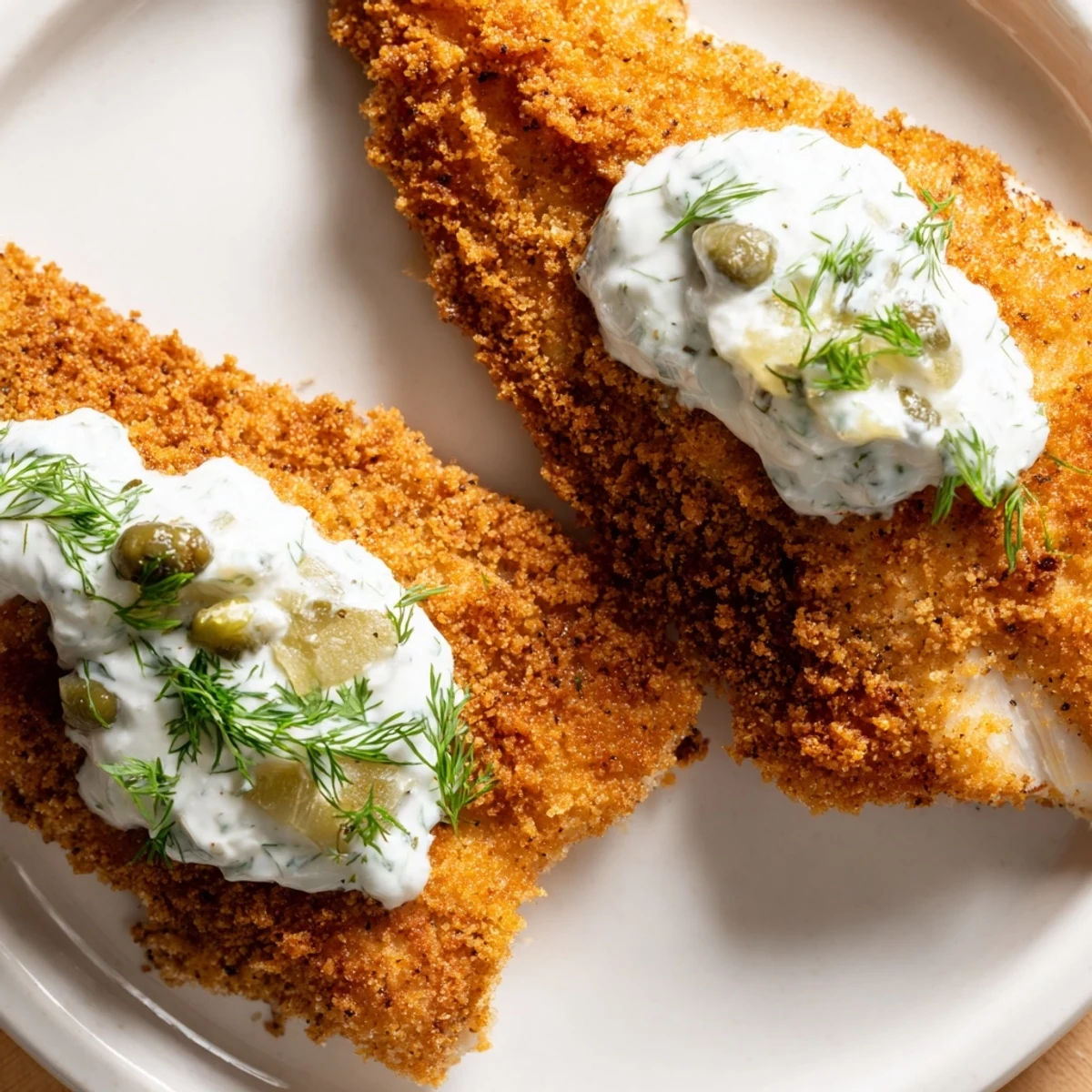 Golden-brown Cajun Fish Fry fillets resting on a wire rack, next to a bowl of creamy tartar sauce and fresh lemon wedges.