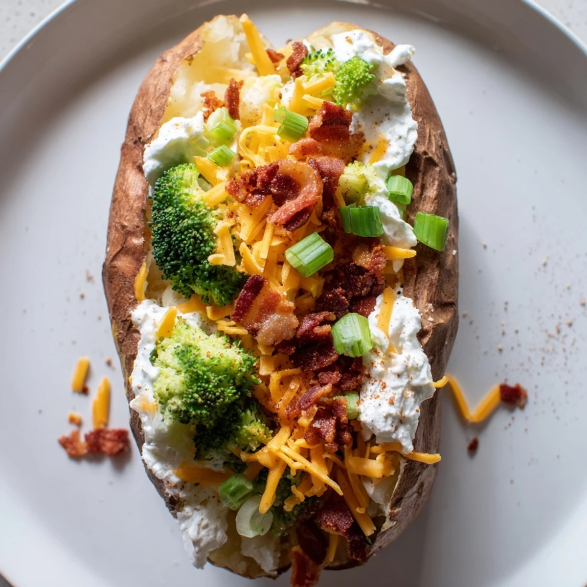 Melting cheddar, crumbled bacon, and sour cream top fluffy potatoes ready for game day.