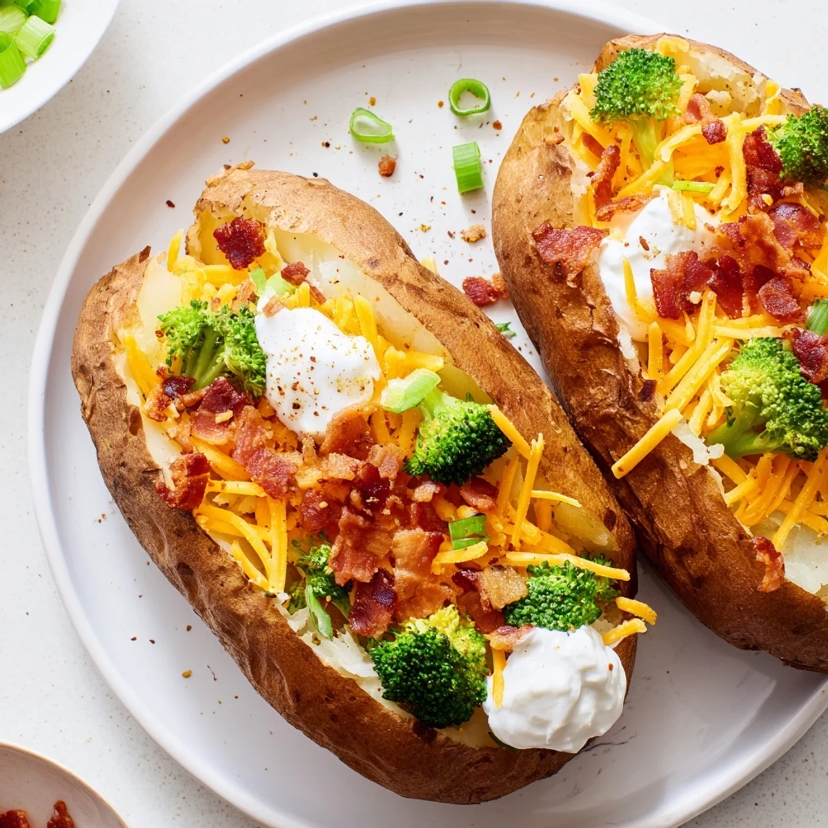 A rustic spread of toppings including chili and broccoli lets guests customize their potatoes.