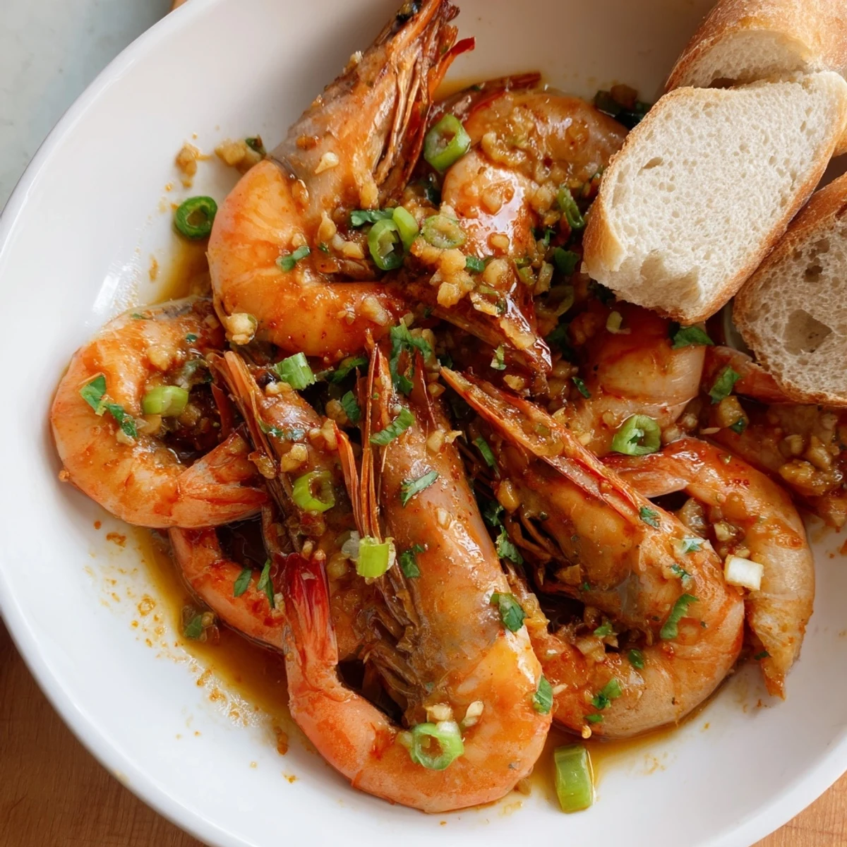 Tender shell-on Gulf shrimp in a spicy, buttery Creole sauce, ready to serve with crusty French bread.