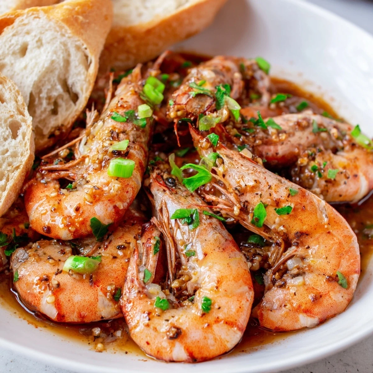A skillet of sizzling New Orleans BBQ Shrimp, garnished with green onions and parsley, alongside crusty baguette.