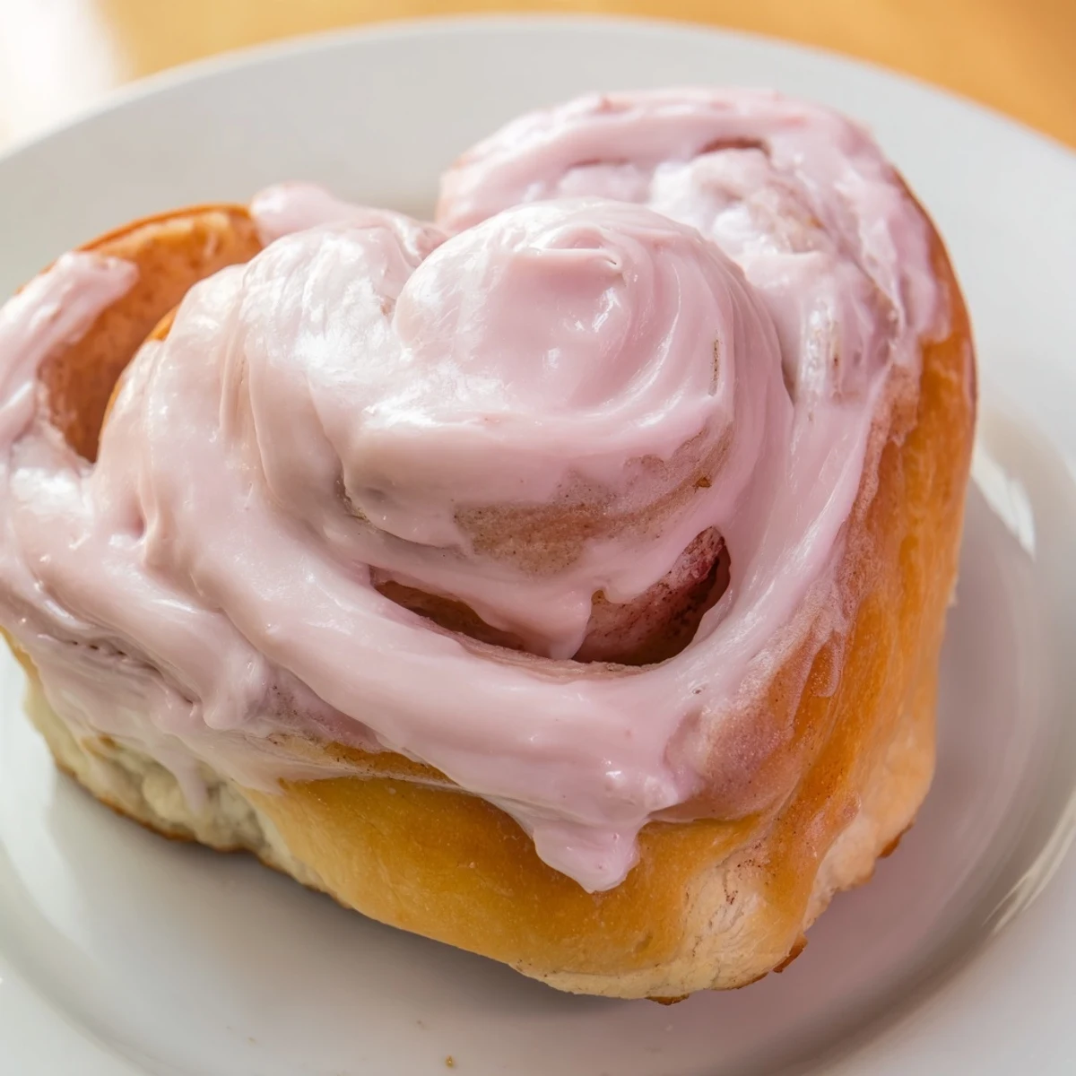 Freshly baked Sweetheart Cinnamon Rolls with Pink Icing arranged on a rustic wooden board, showcasing their soft texture.