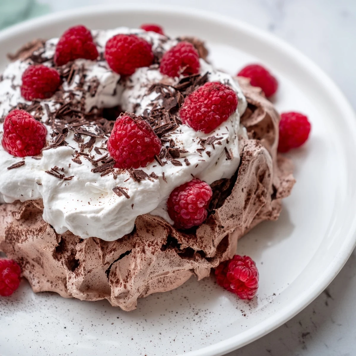 A slice of Chocolate Raspberry Pavlova showcases its crisp chocolate meringue shell, fluffy center, and fresh raspberries on a cream topping.