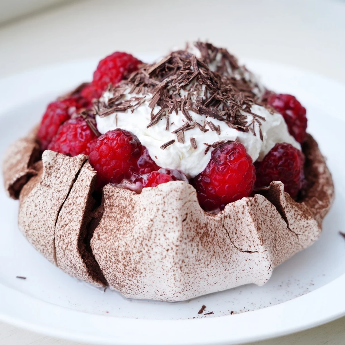A close-up view of a Chocolate Raspberry Pavlova with dark chocolate shavings and juicy raspberries served on a rustic plate.