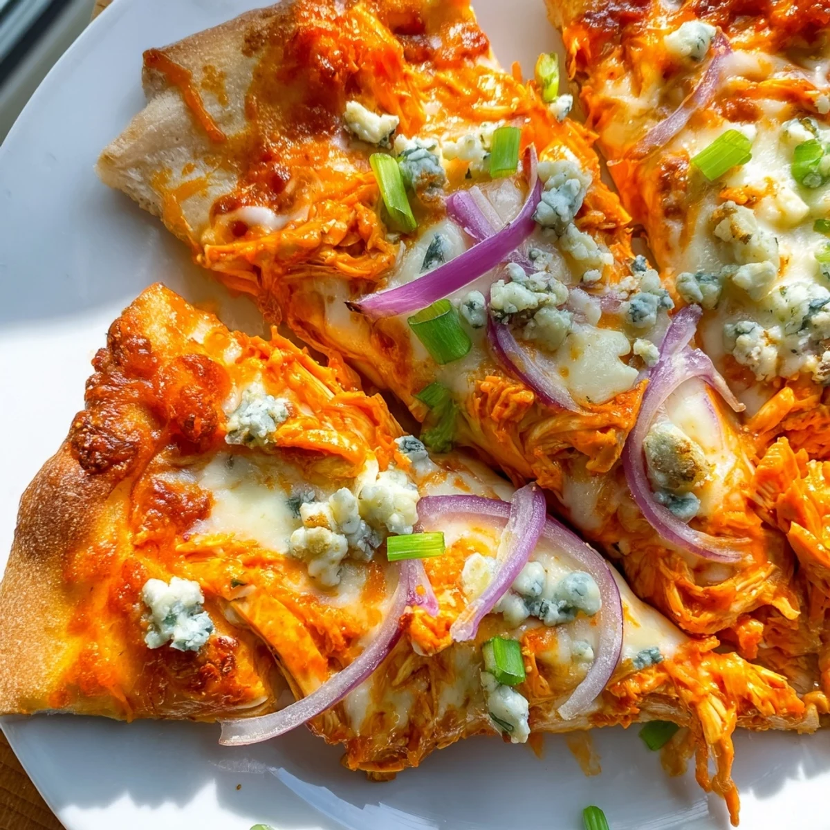 Freshly baked MVP Buffalo Chicken Pizza with blue cheese shows golden crust with spicy red sauce and melted cheese.